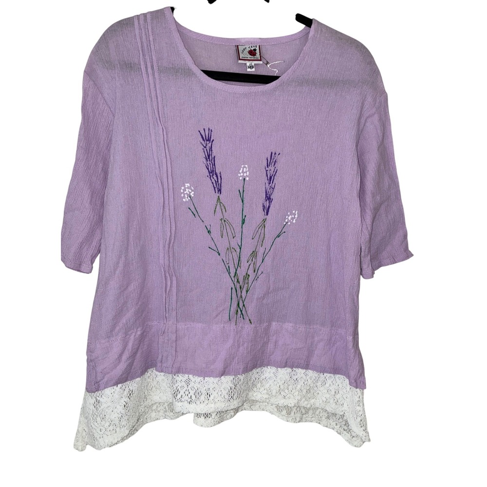 Lady Jane Blouse Womens XXS Lavender Floral Embroidered Lace Trim Crinkle Top